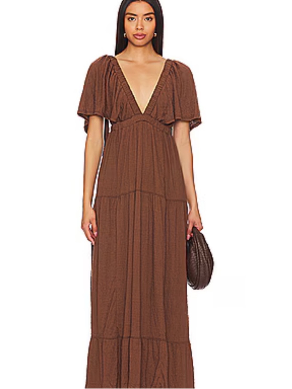 Free People Brown Deep V Maxi Dress with Flutter Sleeves